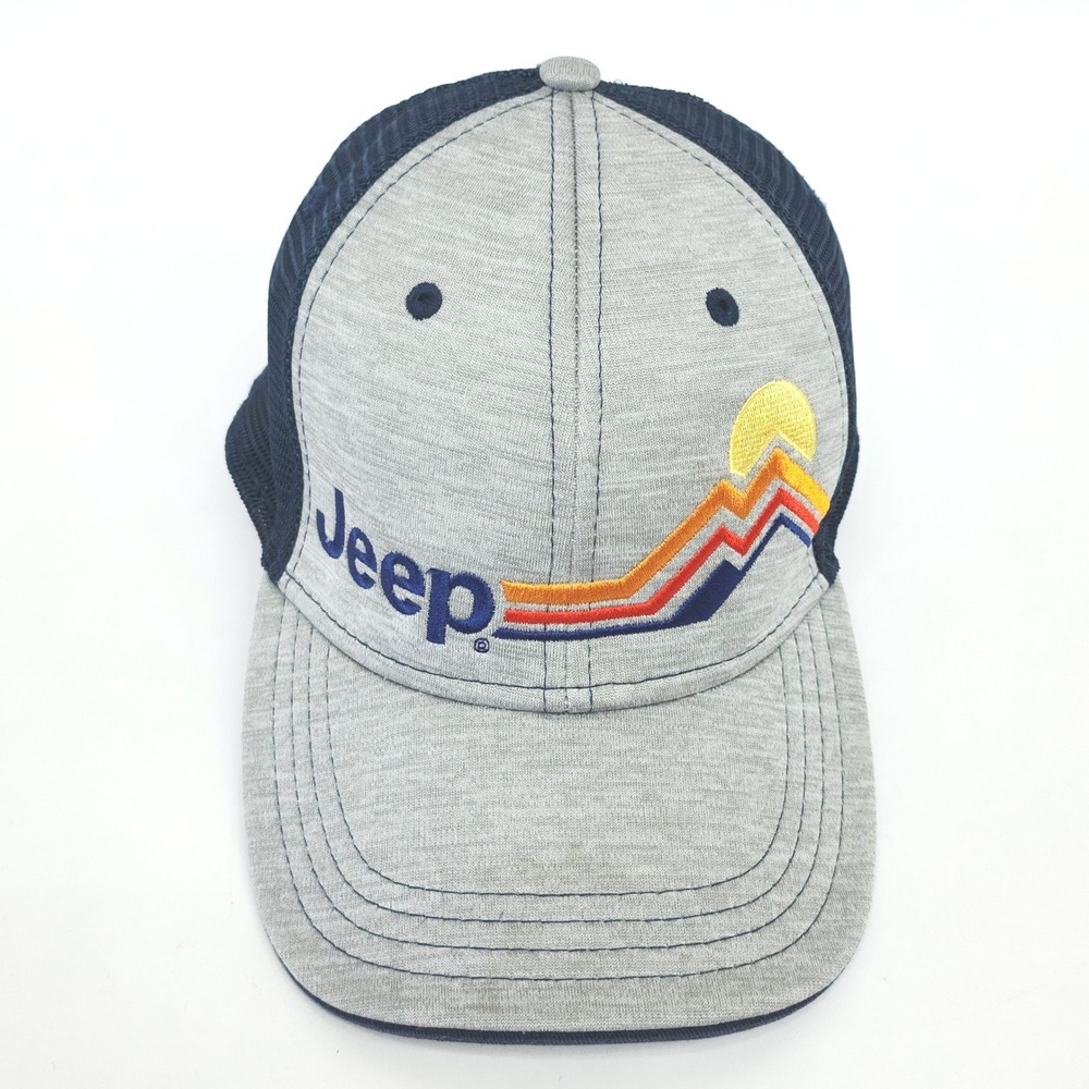 Jeep Trucker Hat Gray Navy Blue Mesh Snapback Mountain Sun Graphic Jedco Cap